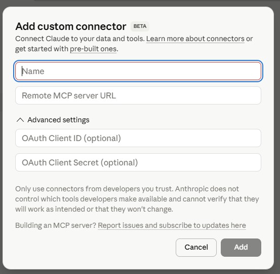 Claude Desktop Add custom connector dialog showing Name, Remote MCP server URL, and (under Advanced settings) optional OAuth Client ID / Secret fields